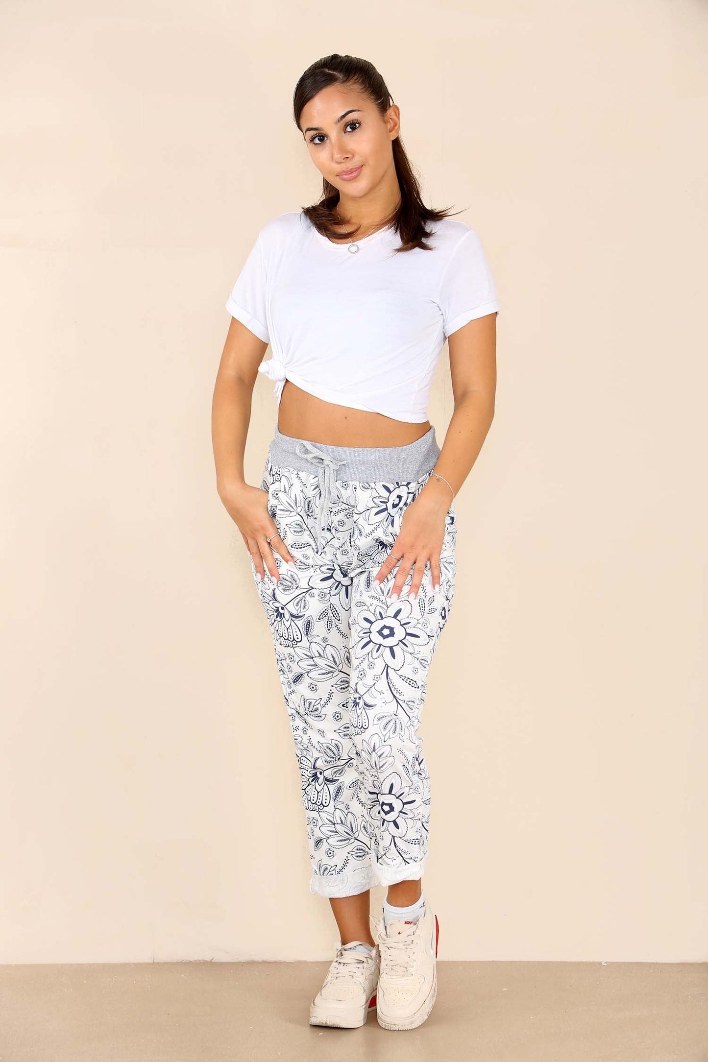 Italian Flower Bale Print Drawstring Cotton Joggers