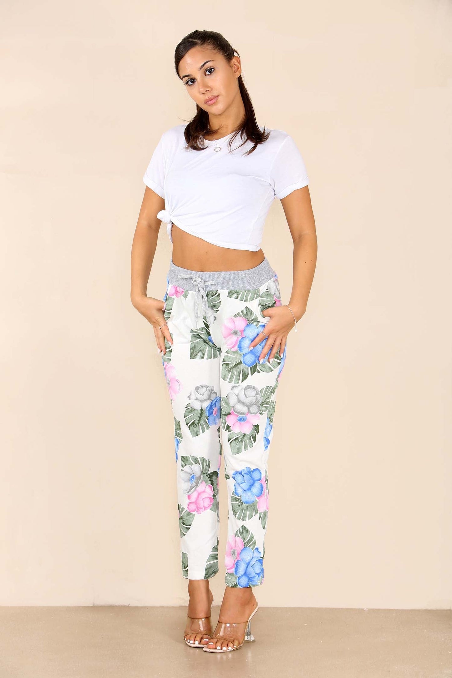 Italian Flower Leaf Print Drawstring Cotton Joggers