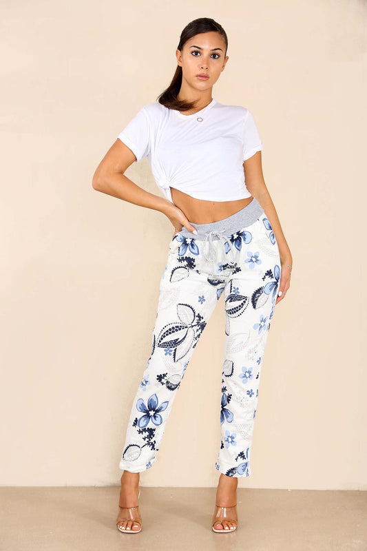 Italian Floral Print Drawstring Cotton Joggers