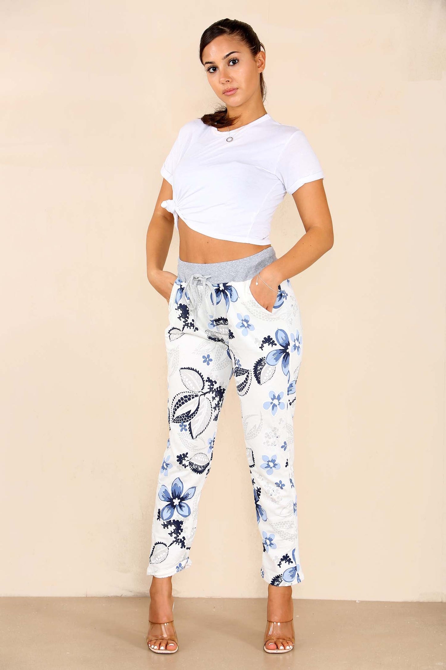 Italian Floral Print Drawstring Cotton Joggers