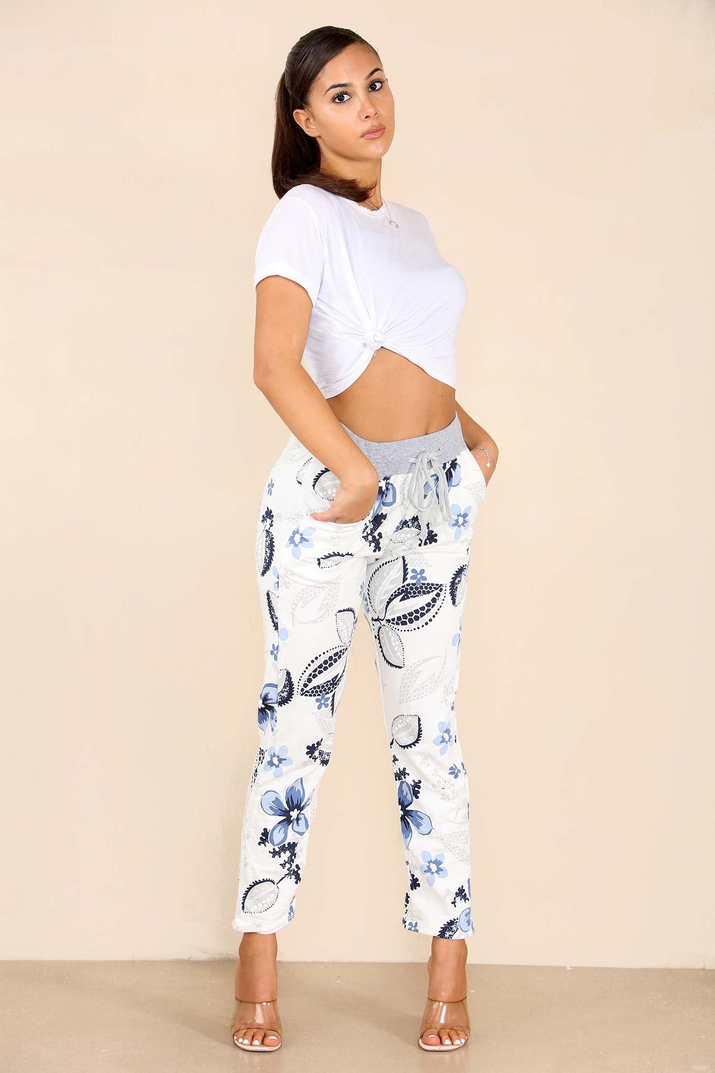 Italian Floral Print Drawstring Cotton Joggers