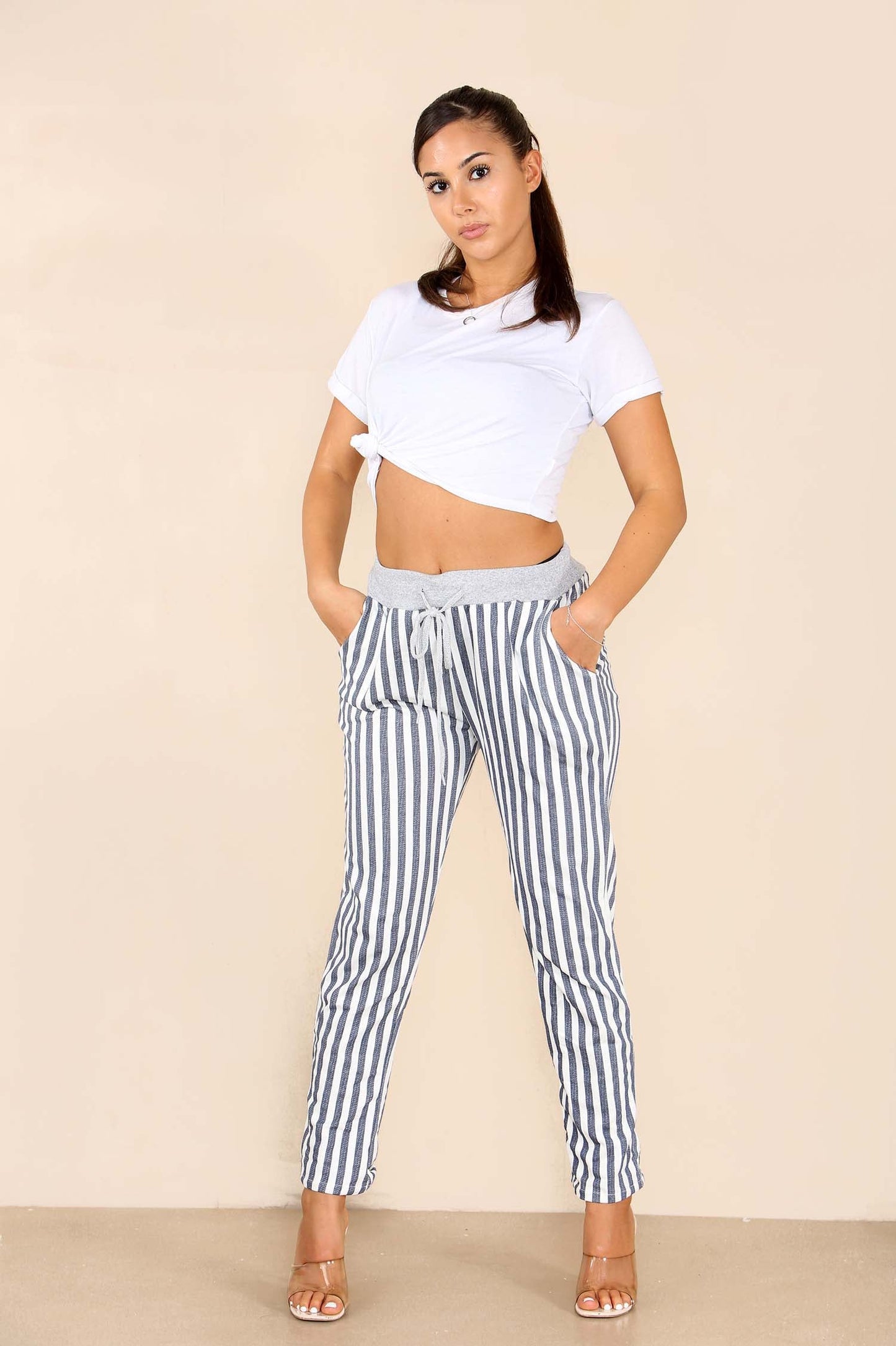 Italian Stripe Print Drawstring Cotton Joggers