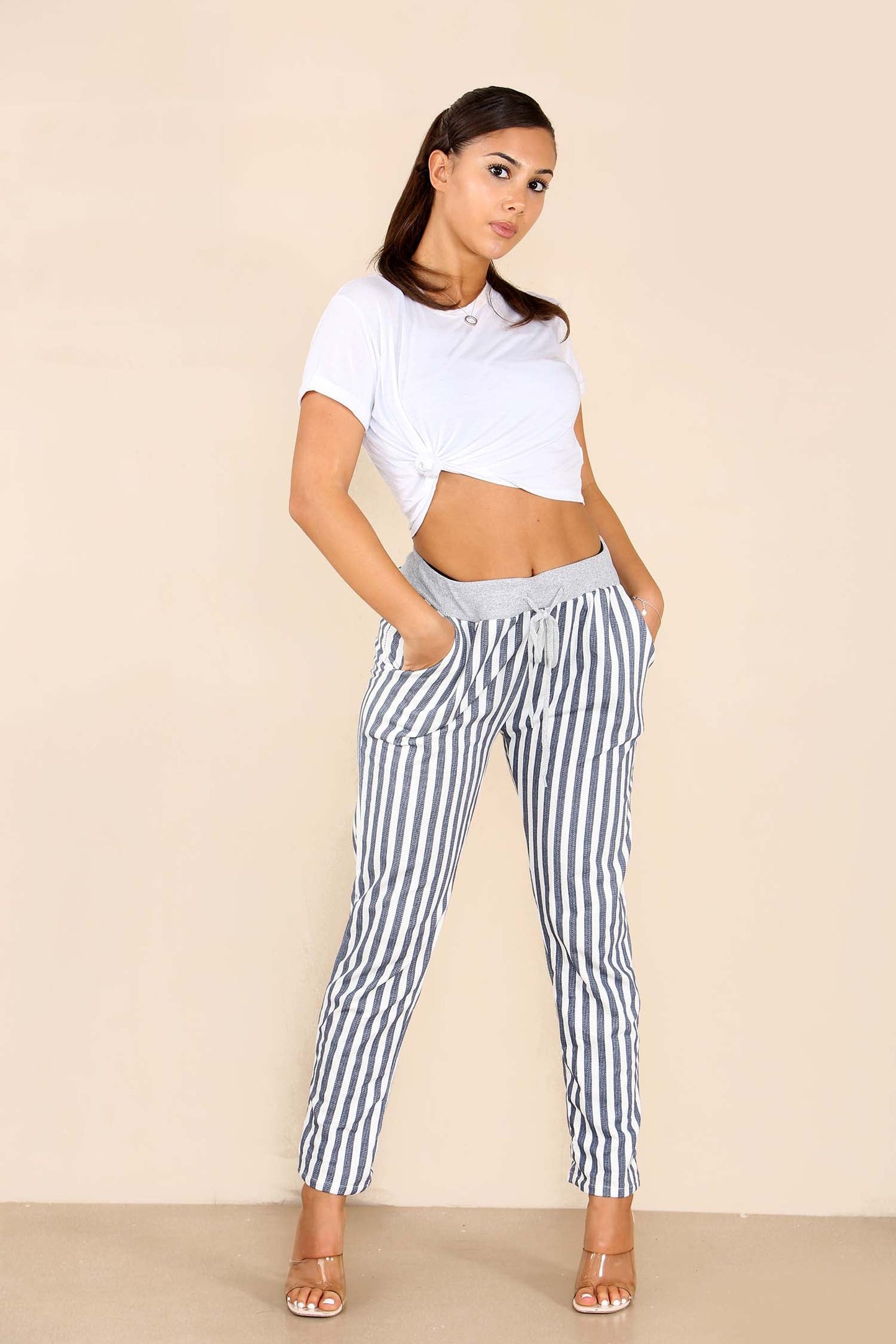 Italian Stripe Print Drawstring Cotton Joggers