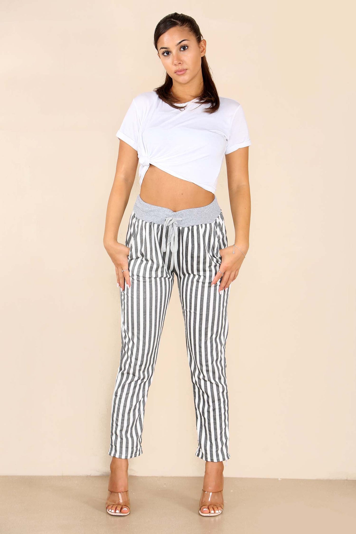 Italian Stripe Print Drawstring Cotton Joggers