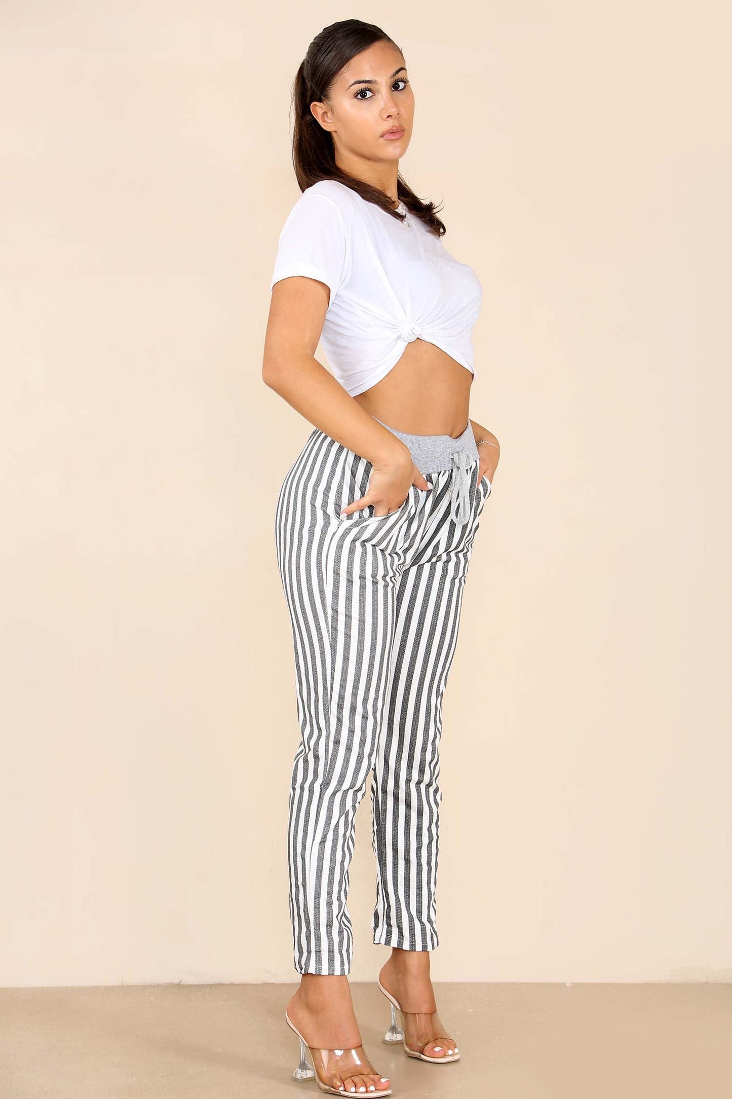 Italian Stripe Print Drawstring Cotton Joggers
