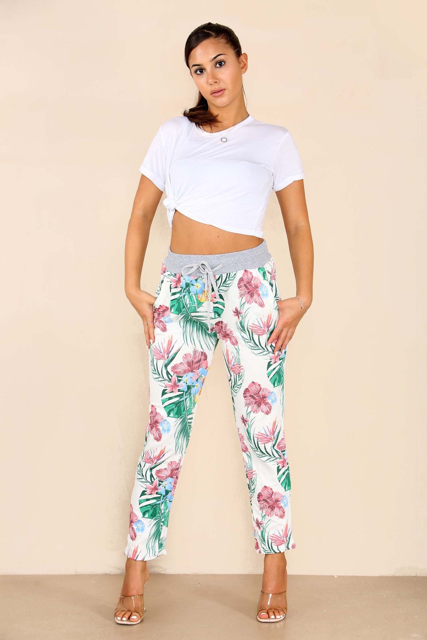 Italian Tropical Print Drawstring Cotton Joggers