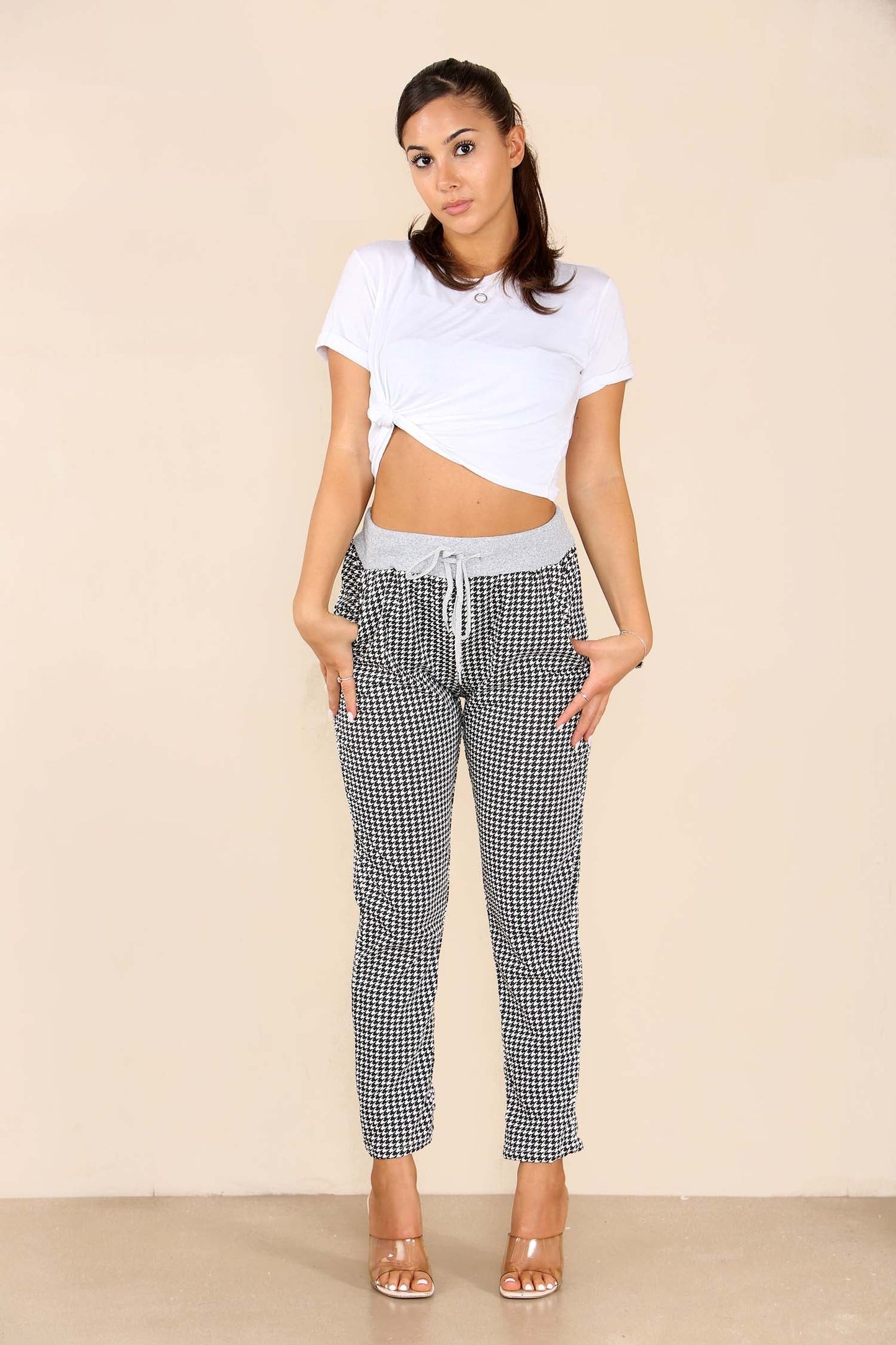 Italian Dogtooth Print Drawstring Cotton Joggers