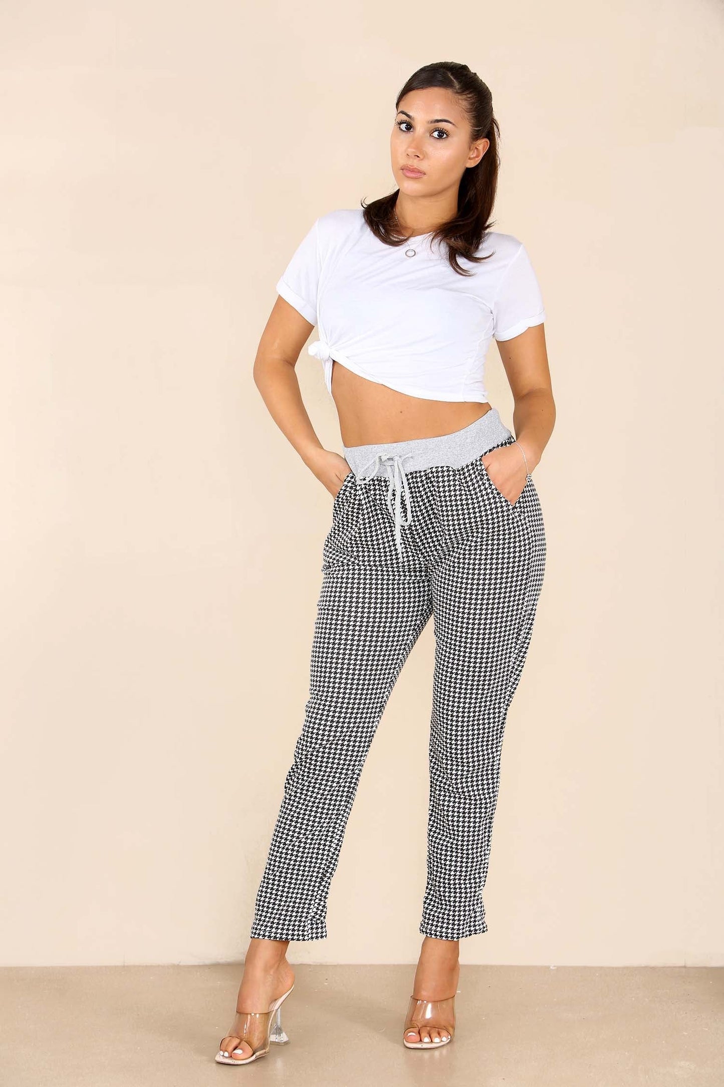 Italian Dogtooth Print Drawstring Cotton Joggers