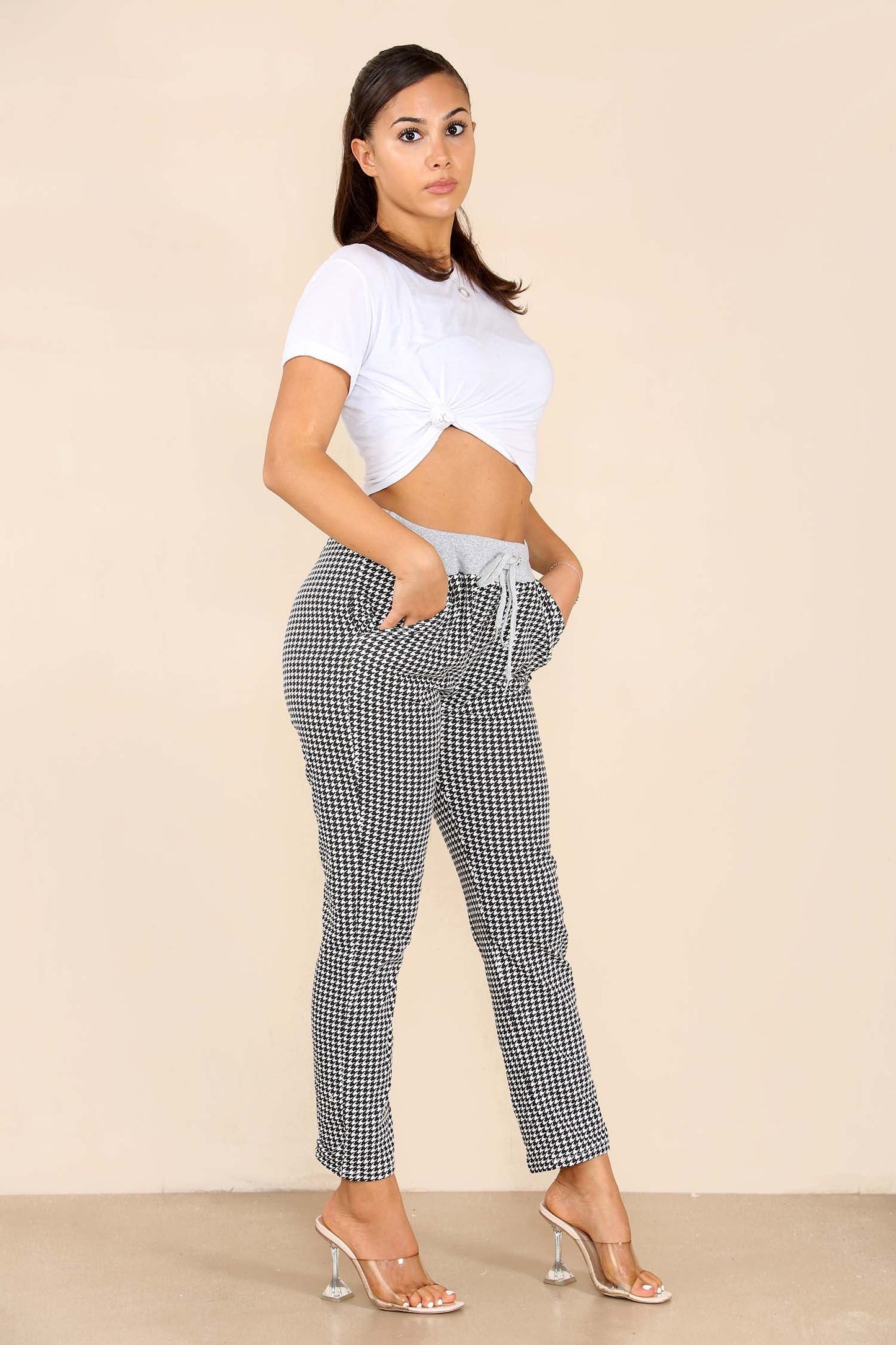 Italian Dogtooth Print Drawstring Cotton Joggers