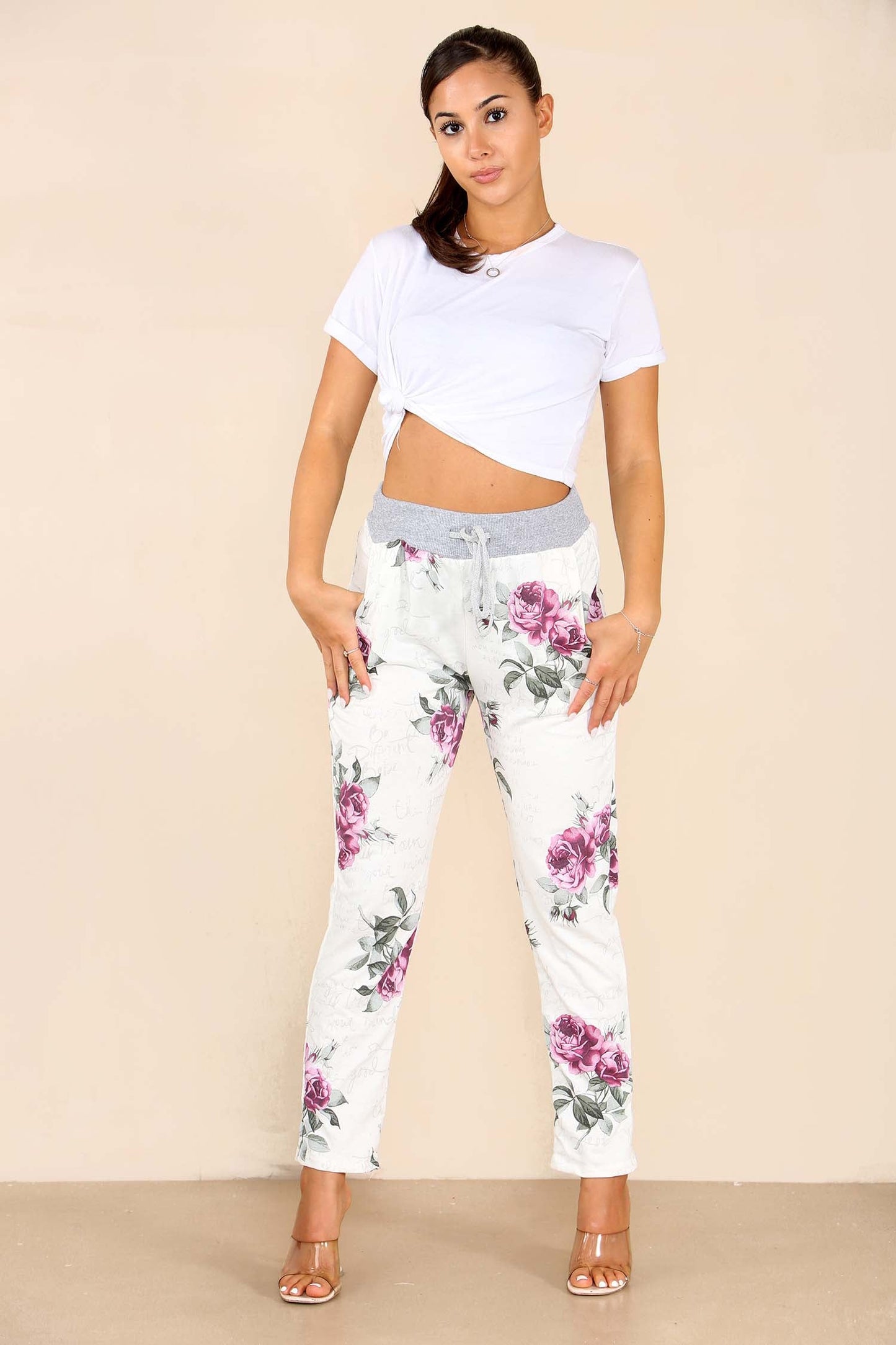Italian Floral Print Drawstring Cotton Joggers