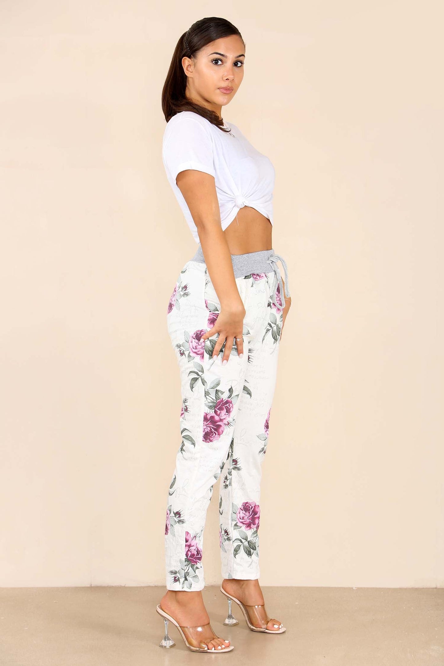 Italian Floral Print Drawstring Cotton Joggers