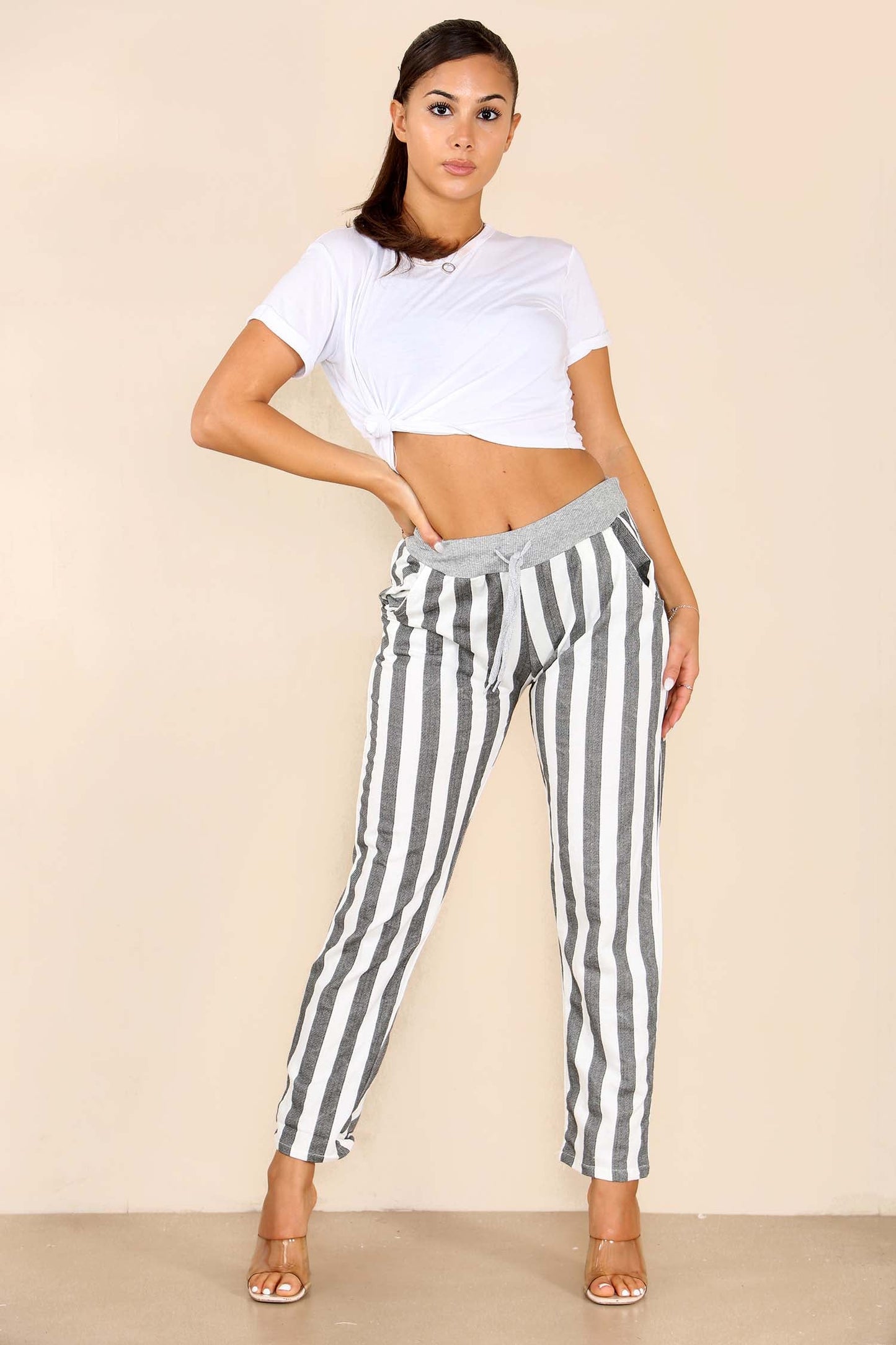 Italian Striped Print Drawstring Cotton Joggers