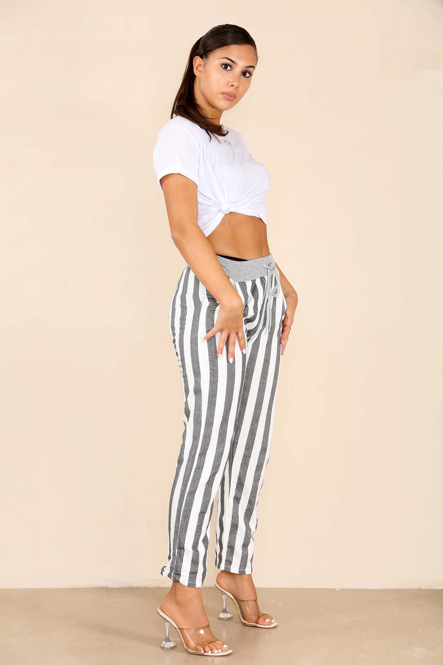 Italian Striped Print Drawstring Cotton Joggers