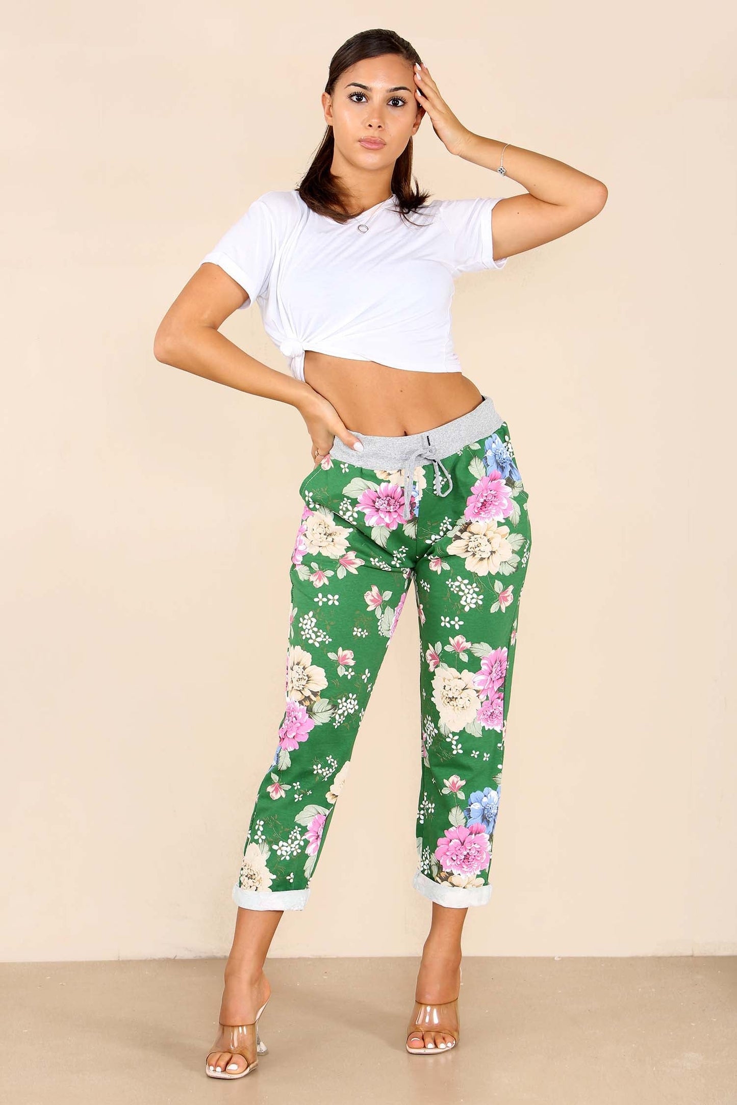 Italian Floral Print Drawstring Cotton Joggers