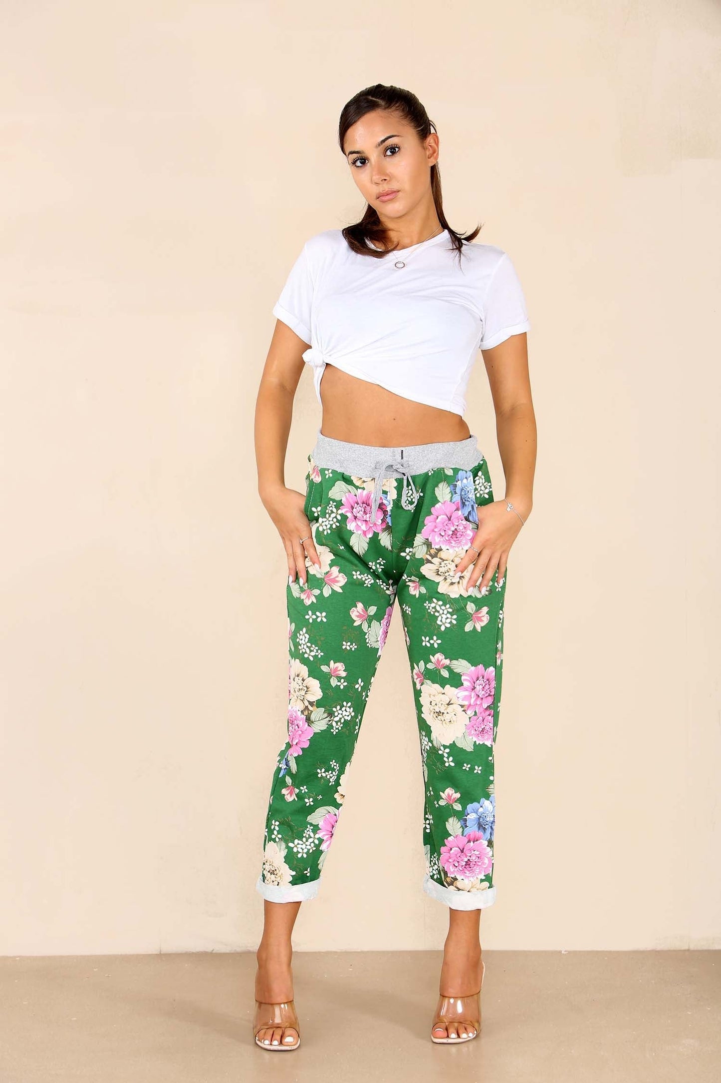 Italian Floral Print Drawstring Cotton Joggers
