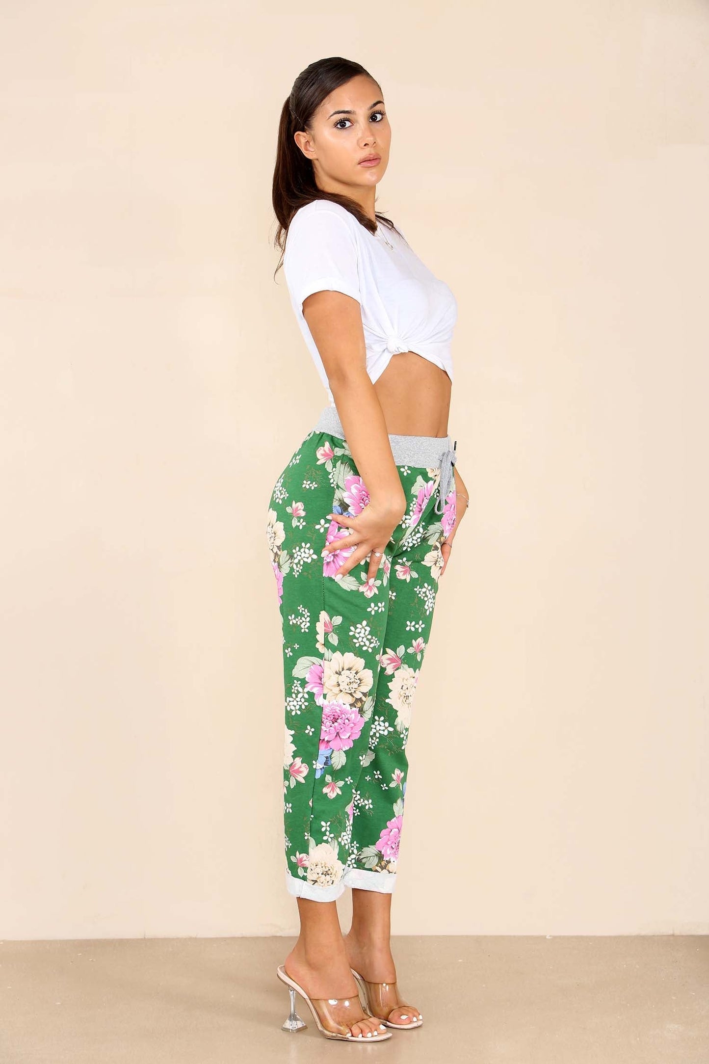 Italian Floral Print Drawstring Cotton Joggers