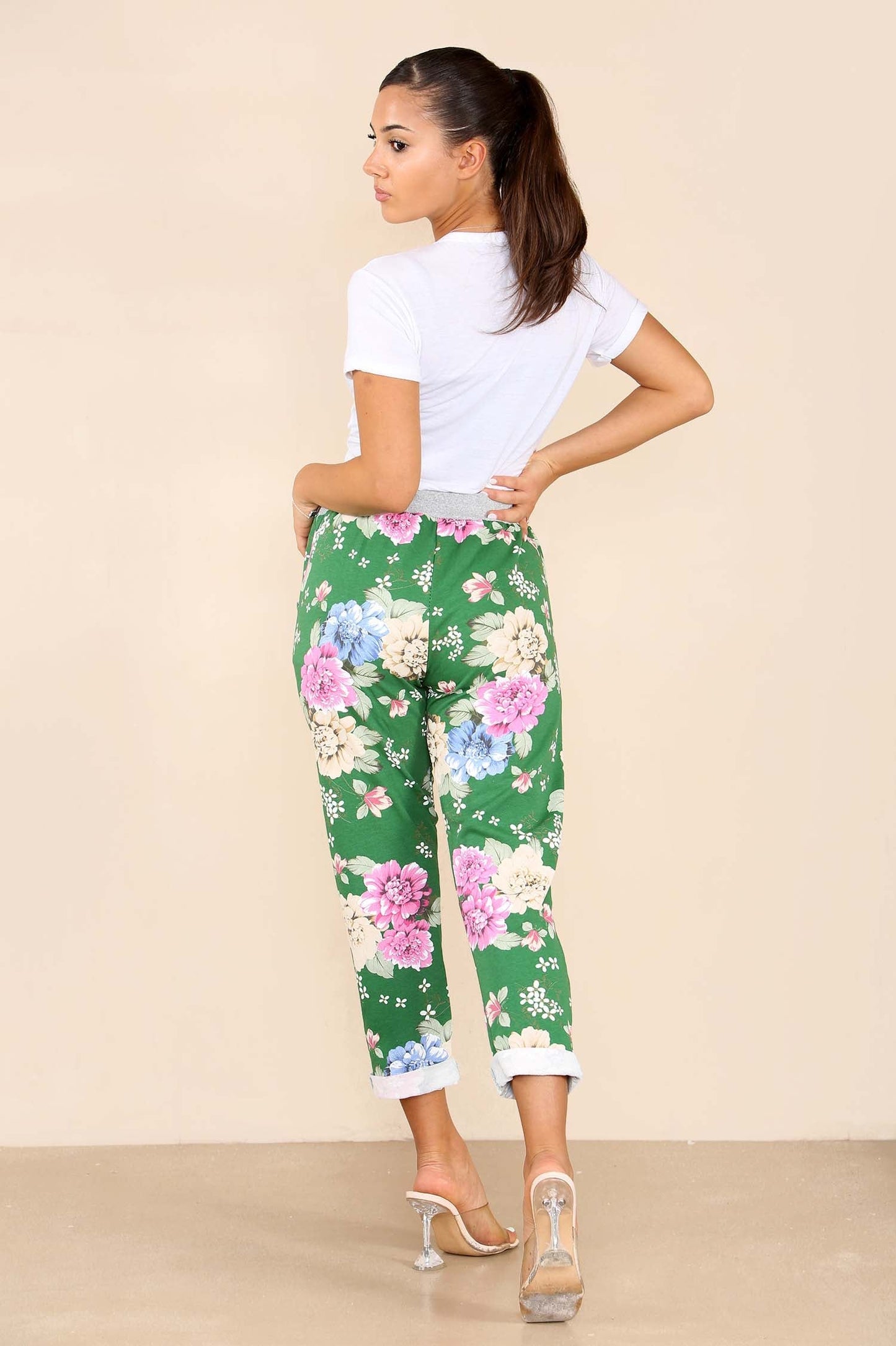 Italian Floral Print Drawstring Cotton Joggers