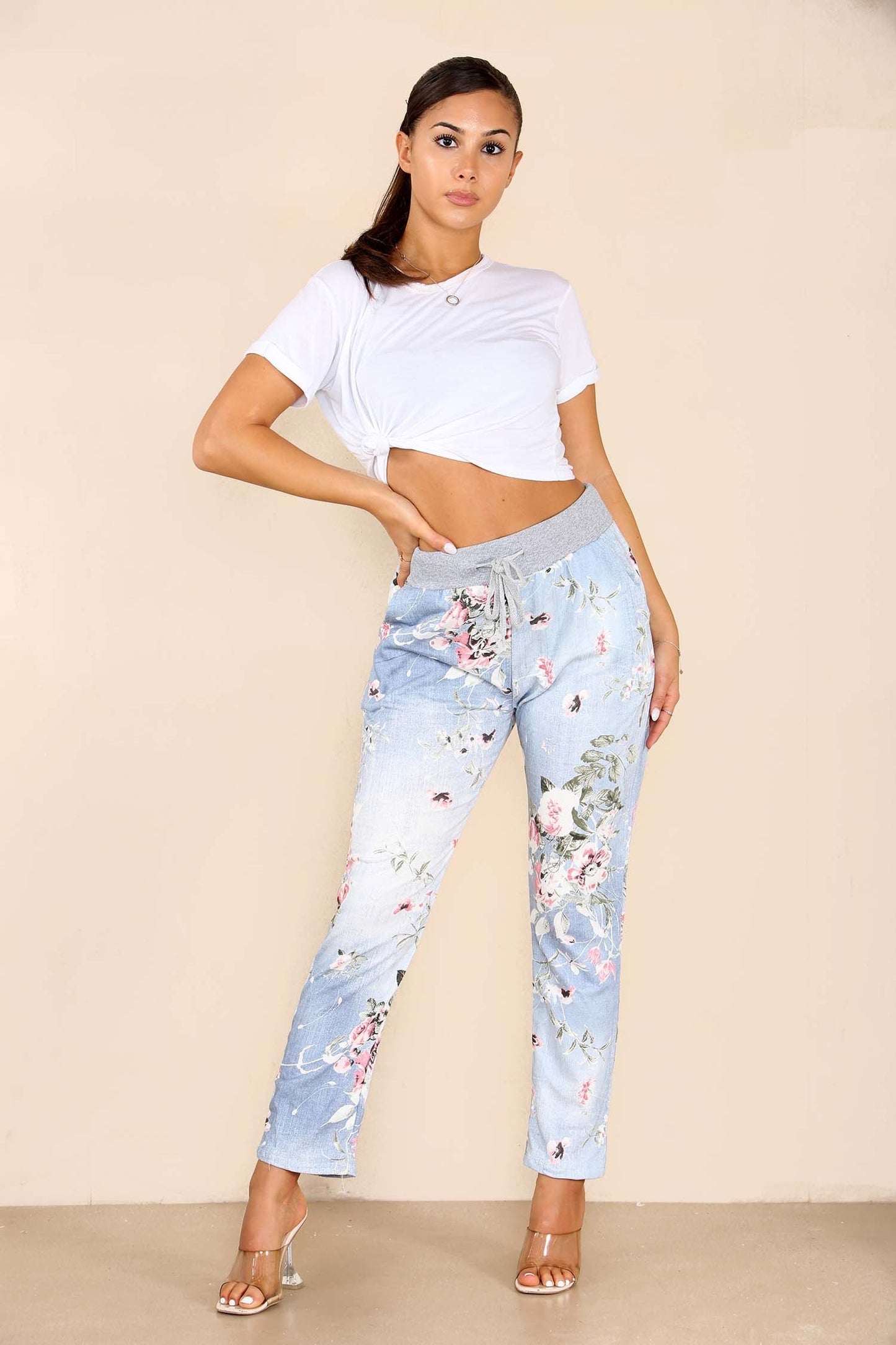 Italian Floral Print Drawstring Cotton Joggers