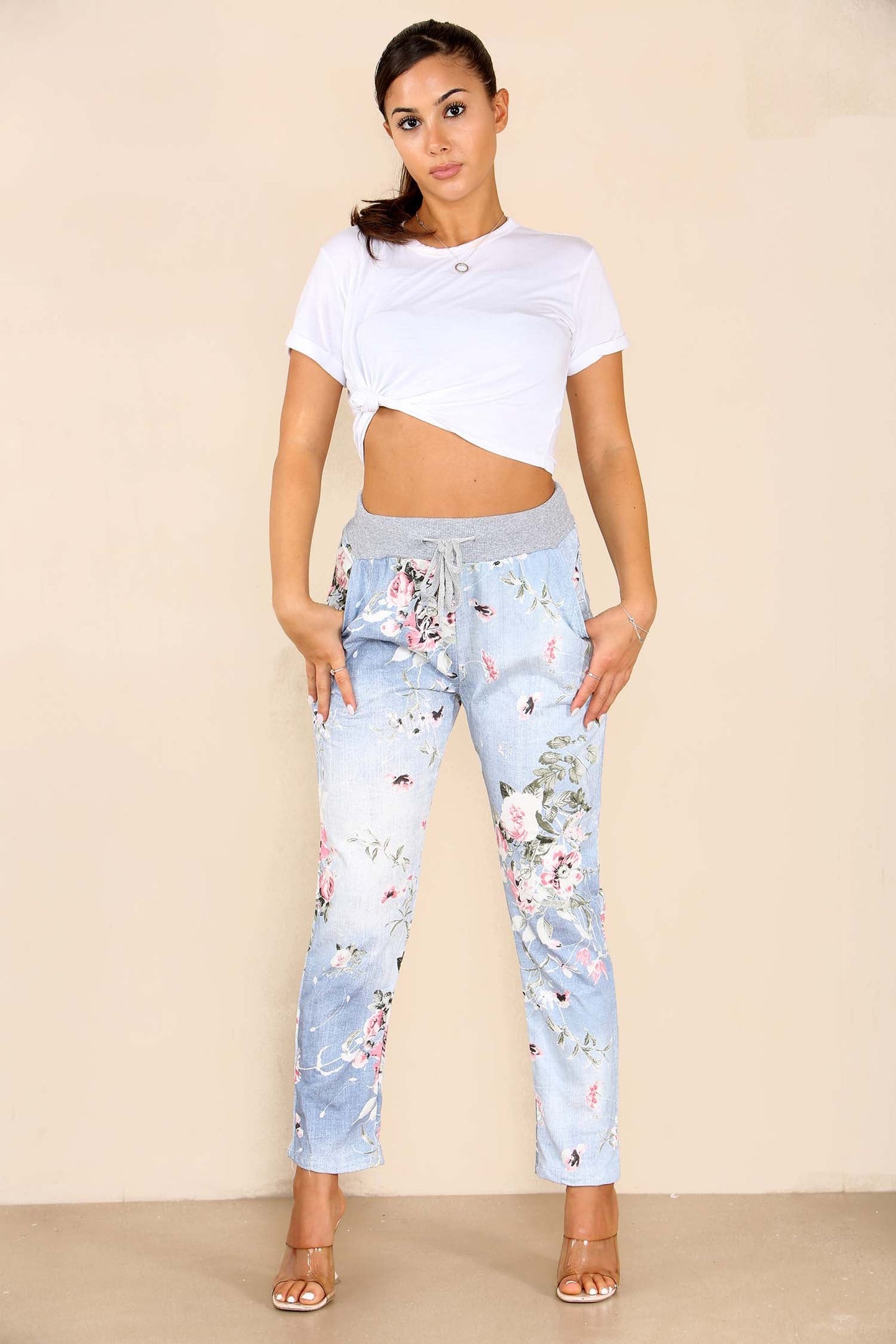 Italian Floral Print Drawstring Cotton Joggers