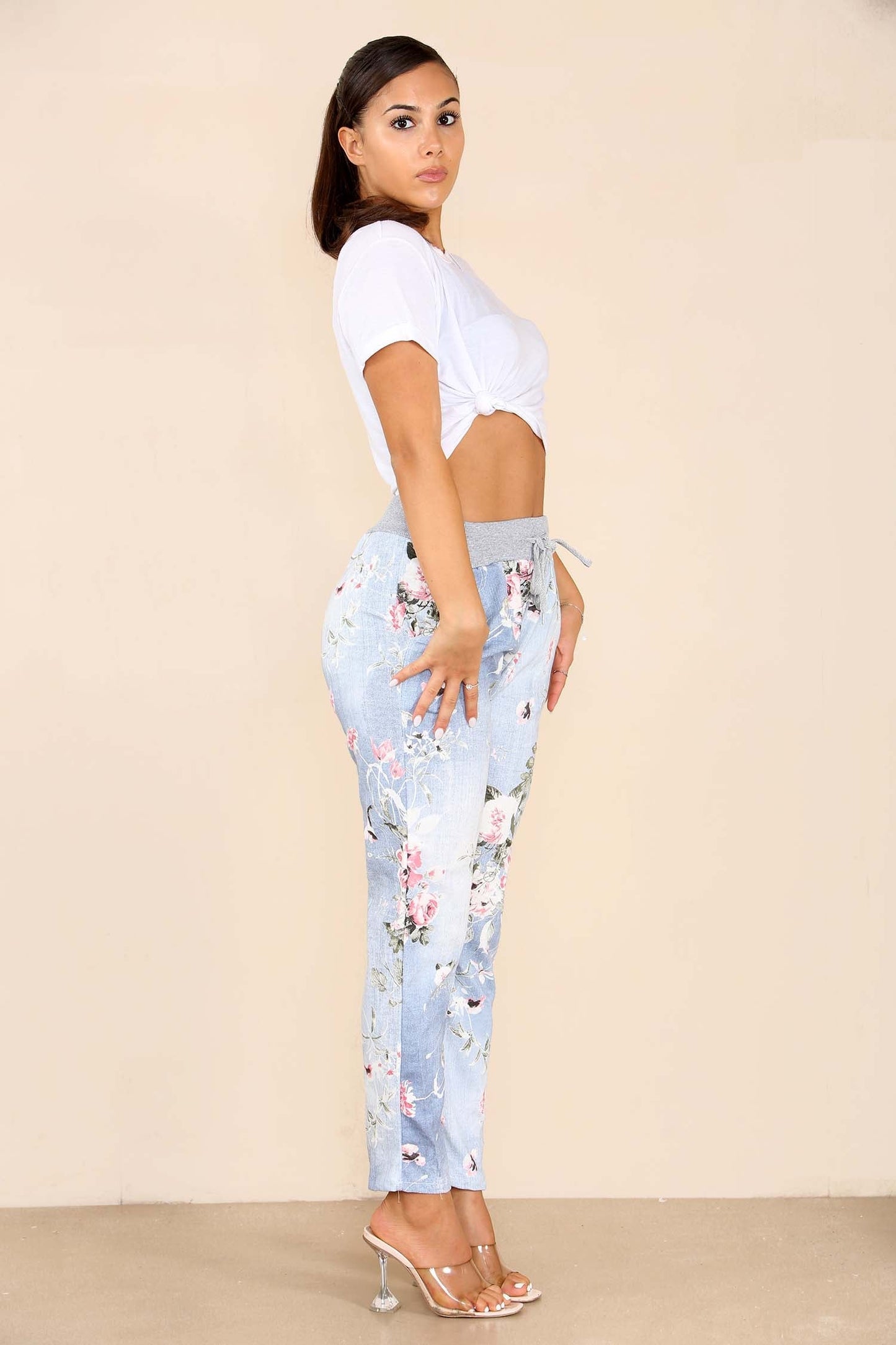 Italian Floral Print Drawstring Cotton Joggers