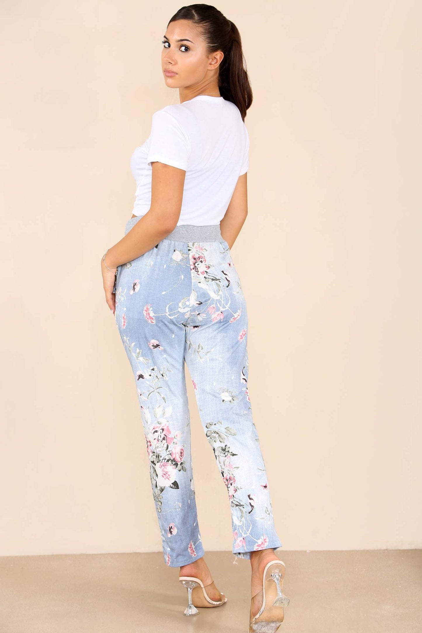 Italian Floral Print Drawstring Cotton Joggers