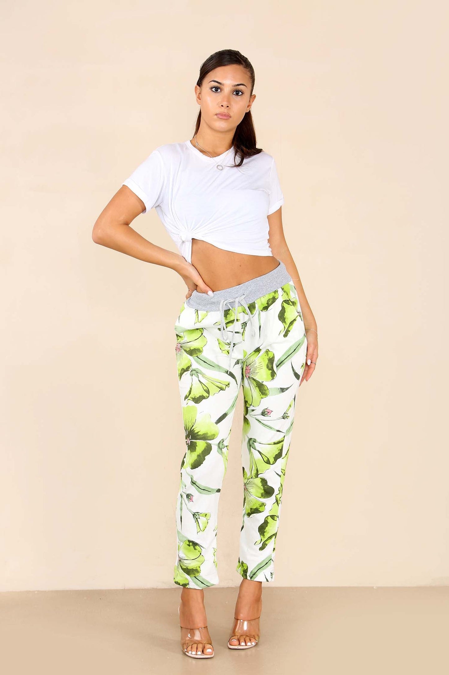 Italian Floral Print Drawstring Cotton Joggers