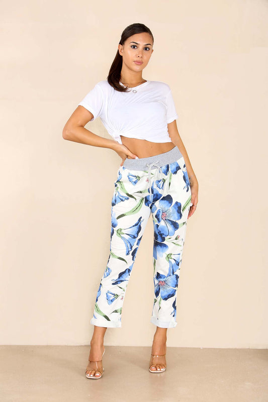 Italian Floral Print Drawstring Cotton Joggers