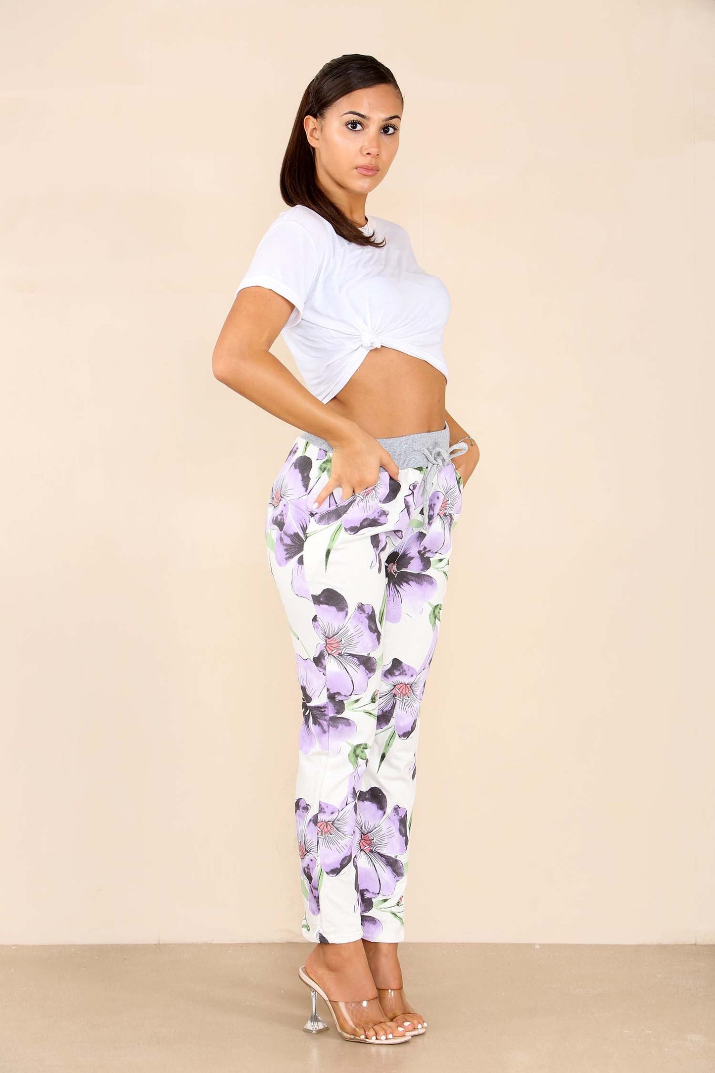 Italian Floral Print Drawstring Cotton Joggers