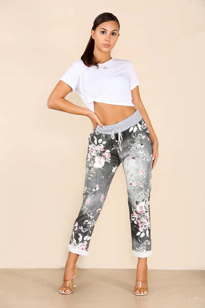 Italian Floral Print Drawstring Cotton Joggers