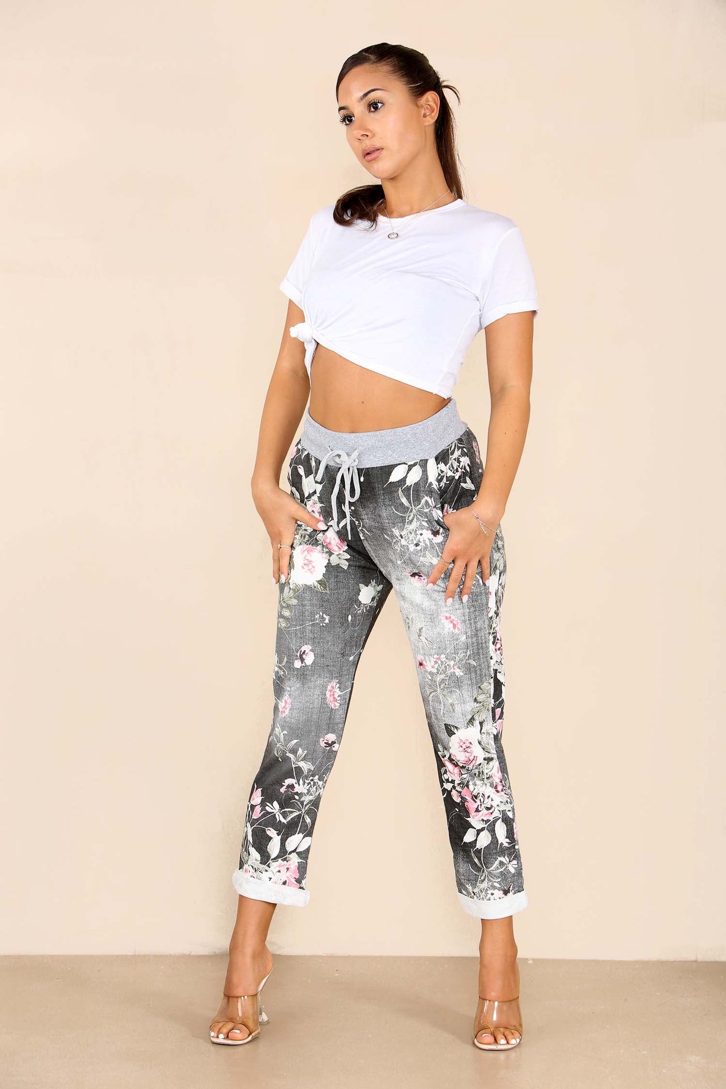 Italian Floral Print Drawstring Cotton Joggers