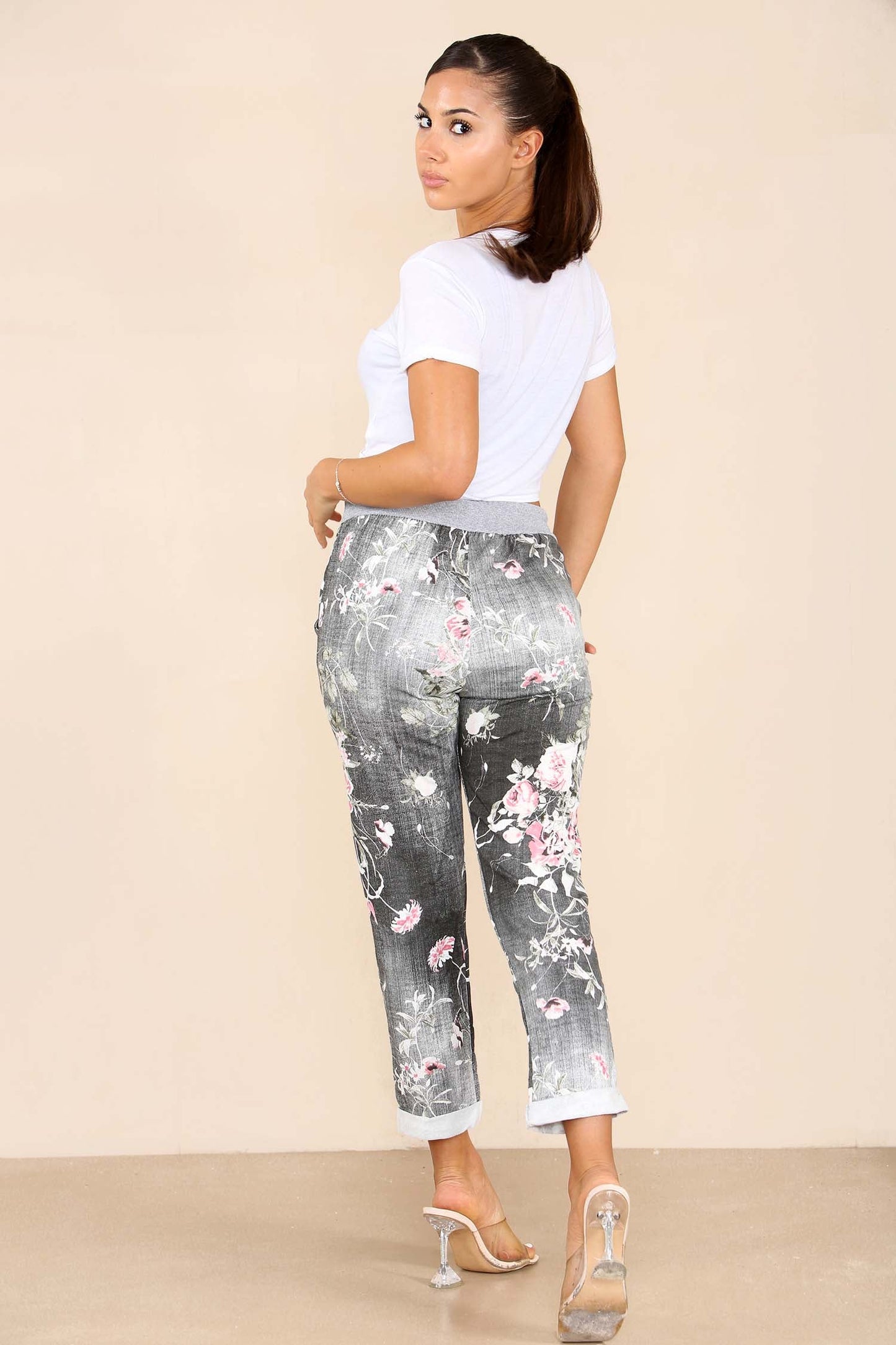 Italian Floral Print Drawstring Cotton Joggers