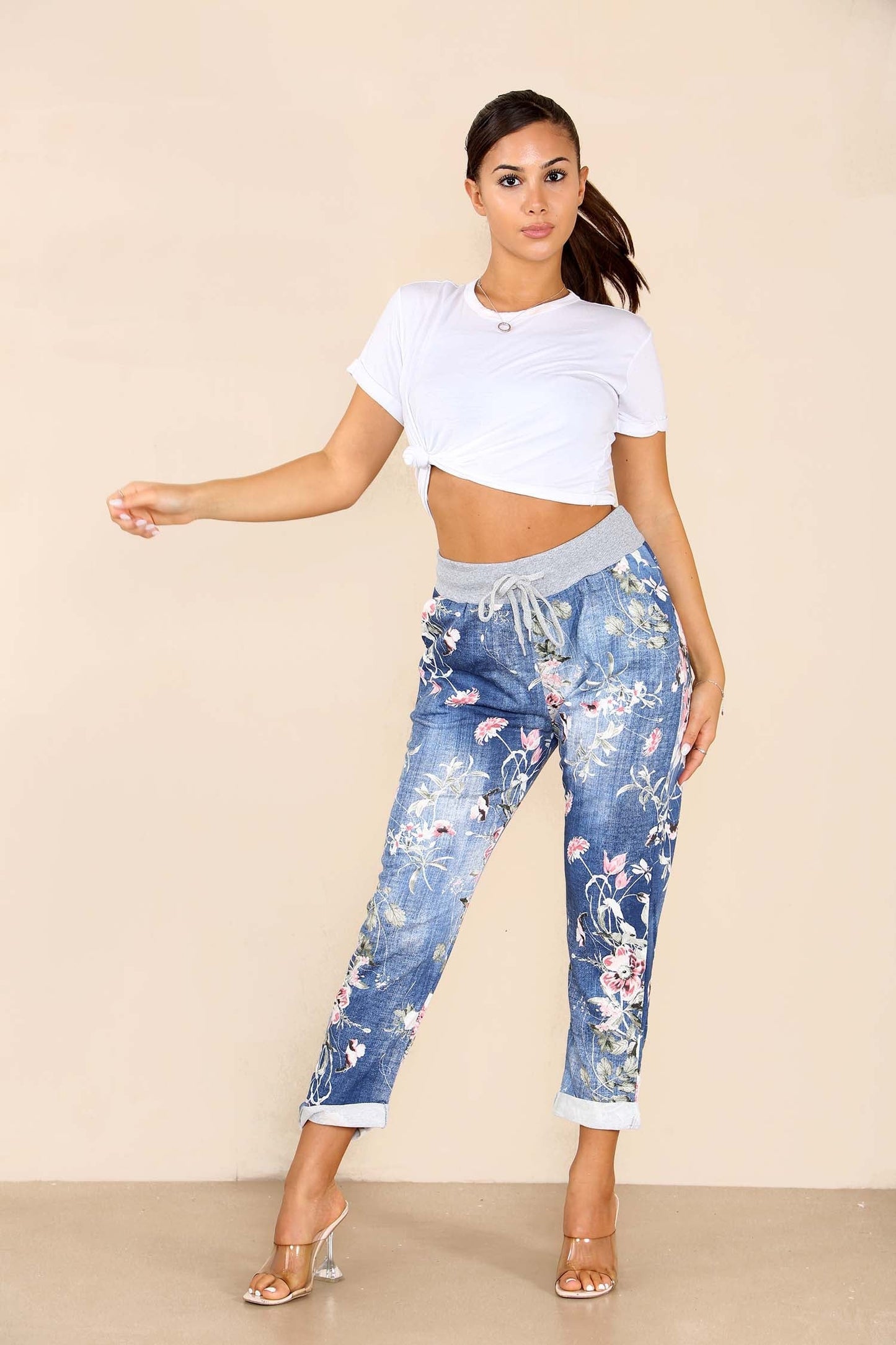 Italian Floral Print Drawstring Cotton Joggers