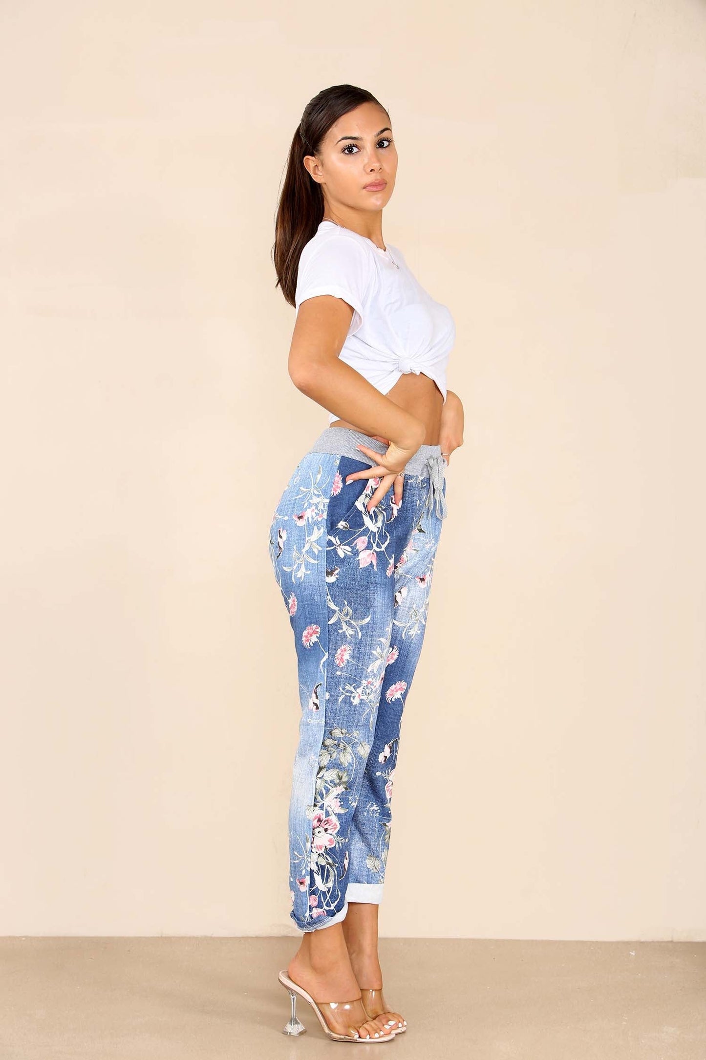 Italian Floral Print Drawstring Cotton Joggers
