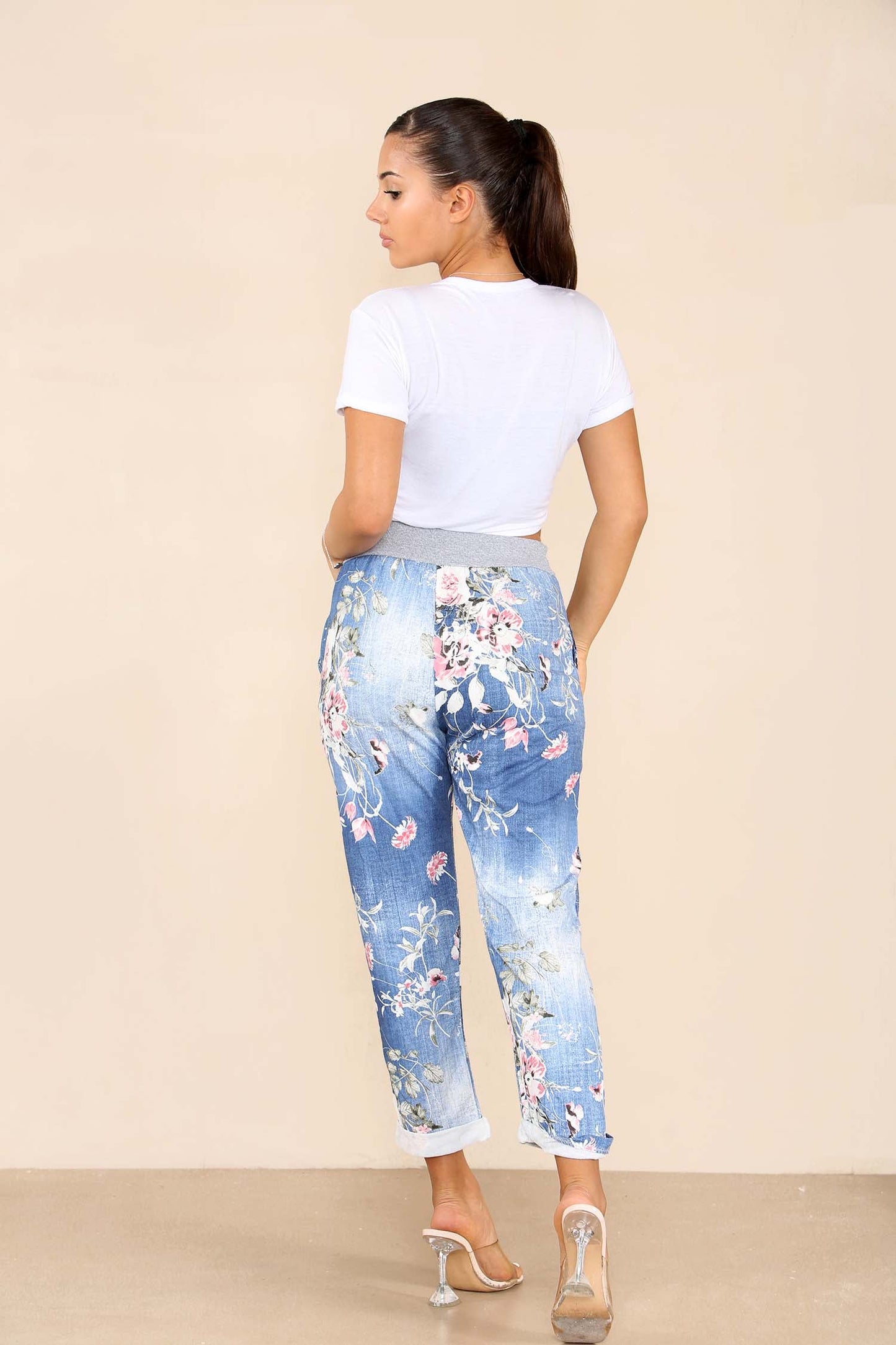 Italian Floral Print Drawstring Cotton Joggers