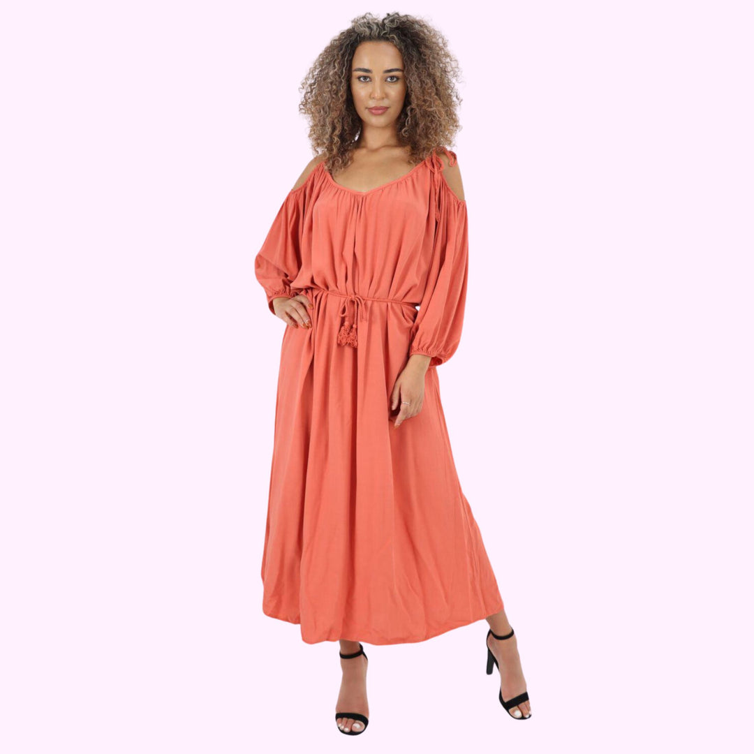 Italian Cold Shoulder Belted Maxi Dress