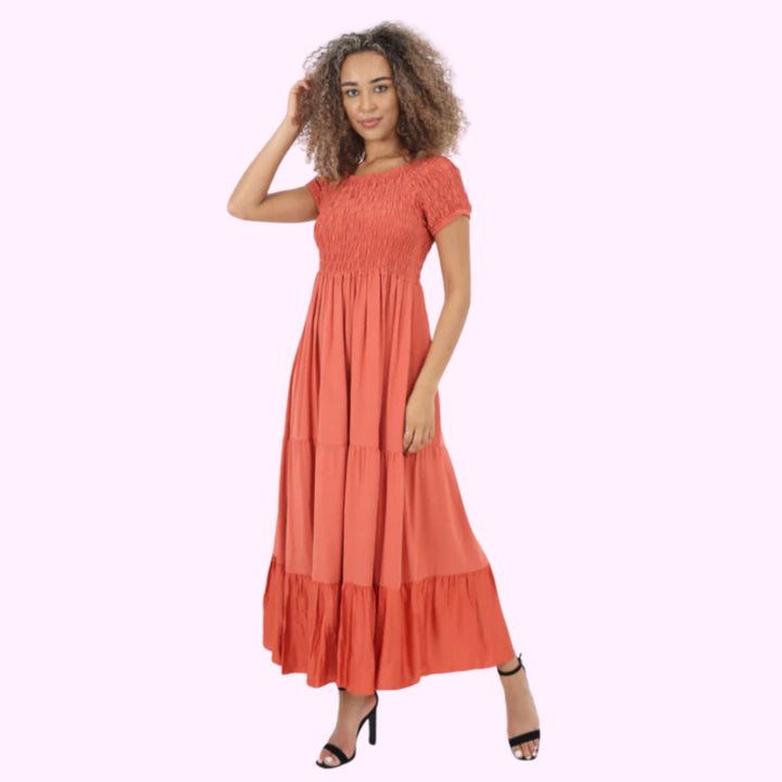 Italian Off Shoulder Shirred Elasticated Tiered Maxi Dress