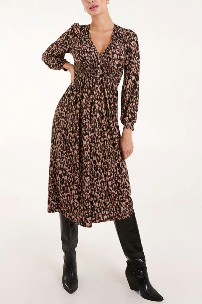 Animal Button Front Midi Stretch Dress