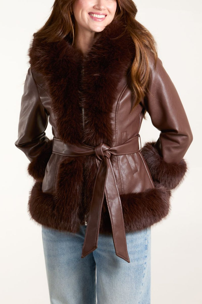 Pu & Faux Fur Zip & Belted Peplum Jacket