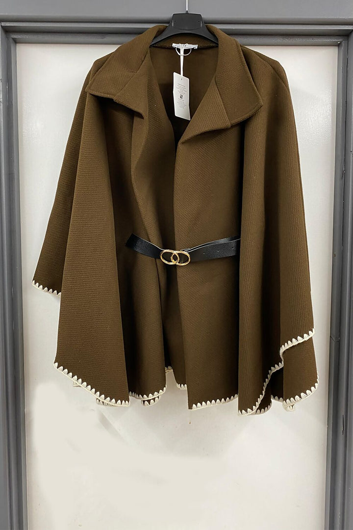 Oversized Contrast Edge Matching Belted Cape Coat