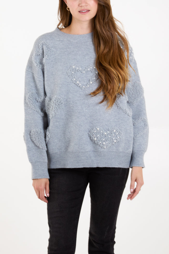 Pearl Embellished & Flocking Heart Jumper