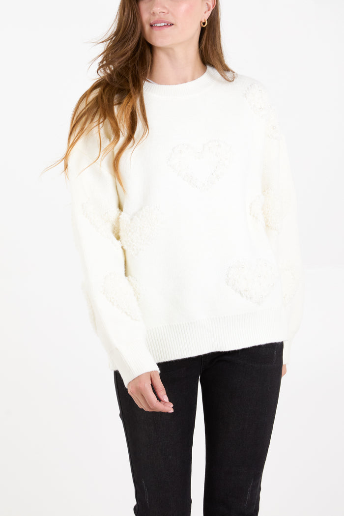 Pearl Embellished & Flocking Heart Jumper