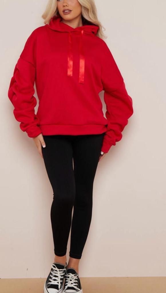 Ruched Sleeve Ribbon Hoodie