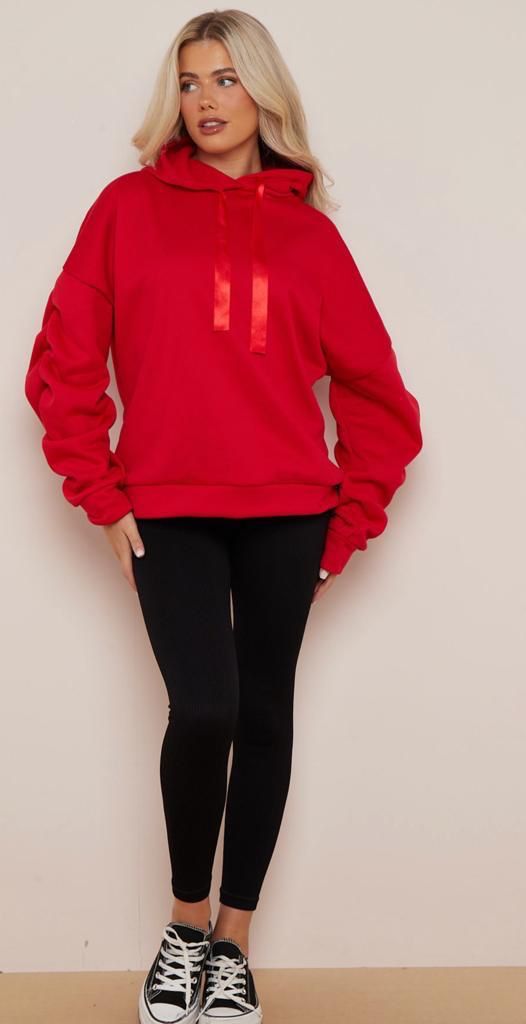 Ruched Sleeve Ribbon Hoodie