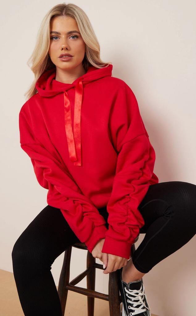 Ruched Sleeve Ribbon Hoodie