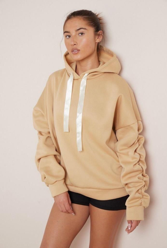 Ruched Sleeve Ribbon Hoodie