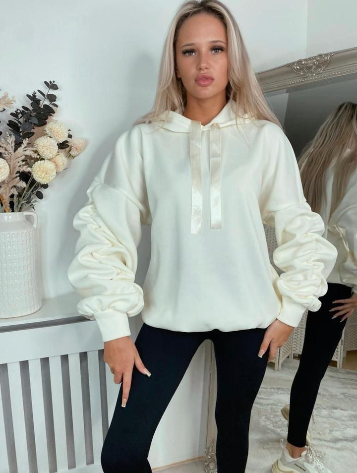 Ruched Sleeve Ribbon Hoodie