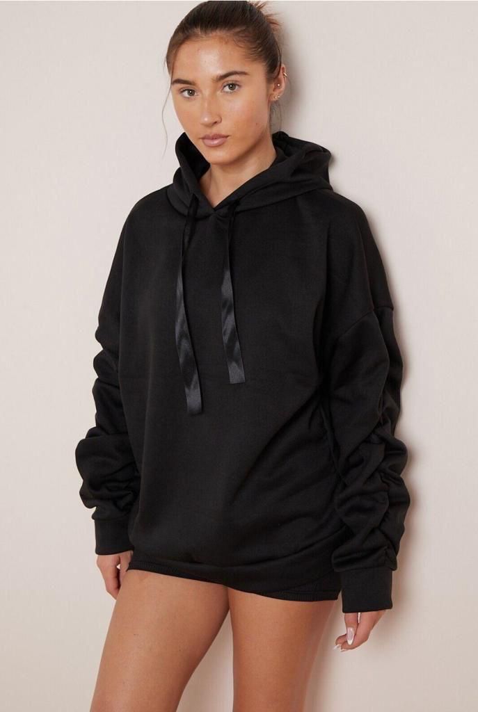 Ruched Sleeve Ribbon Hoodie