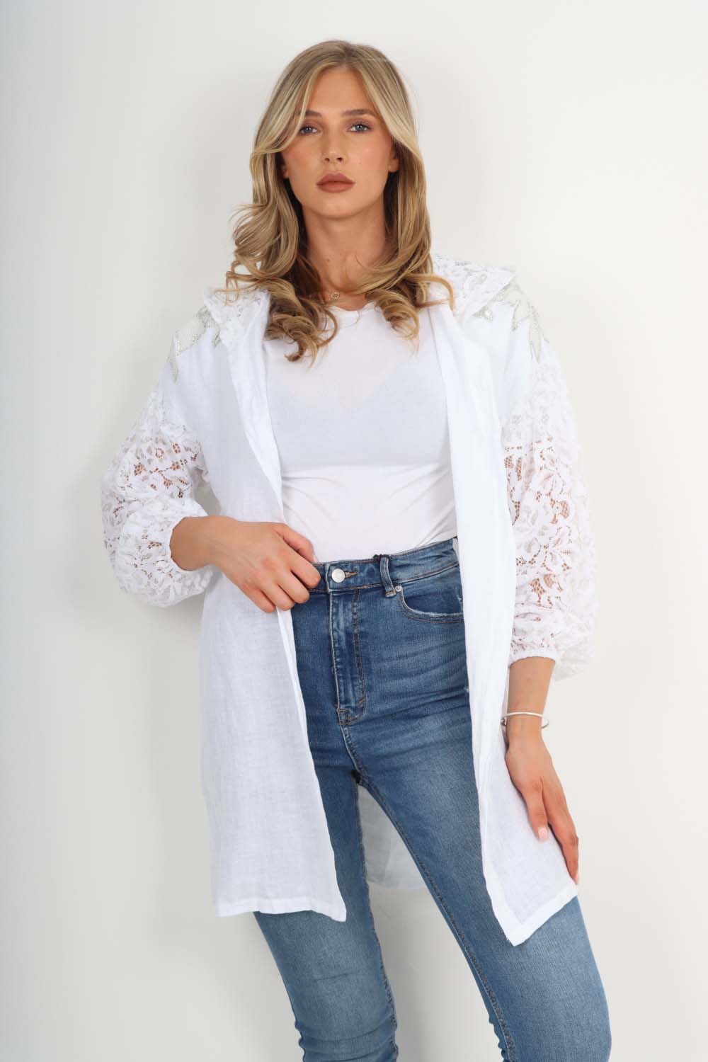 Italian Lace Sleeve Hooded Long Cardigan