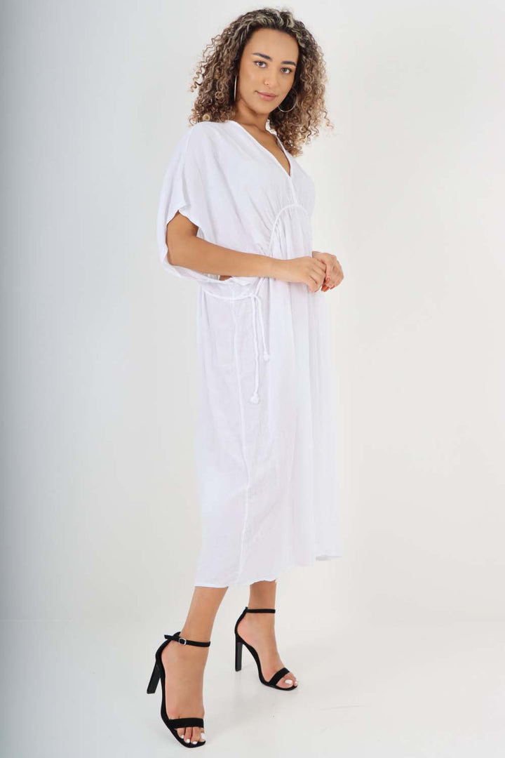 Italian Drawestring Front Flared Linen Dress