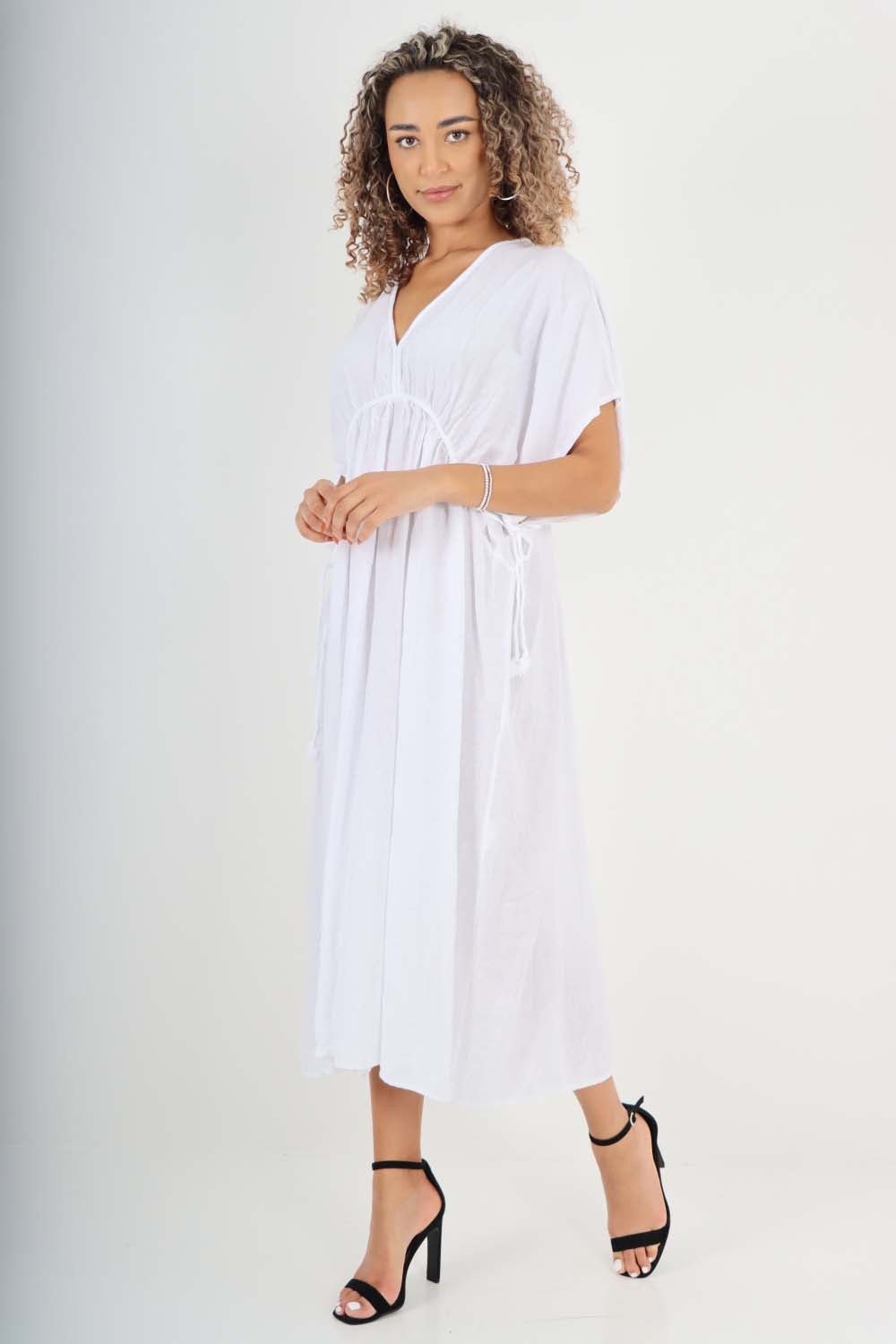 Italian Drawestring Front Flared Linen Dress